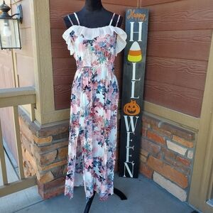 Joy & Co Ivory & Pink Floral Maxi Flutter Sleeve Off Shoulder Sundress Sz Medium